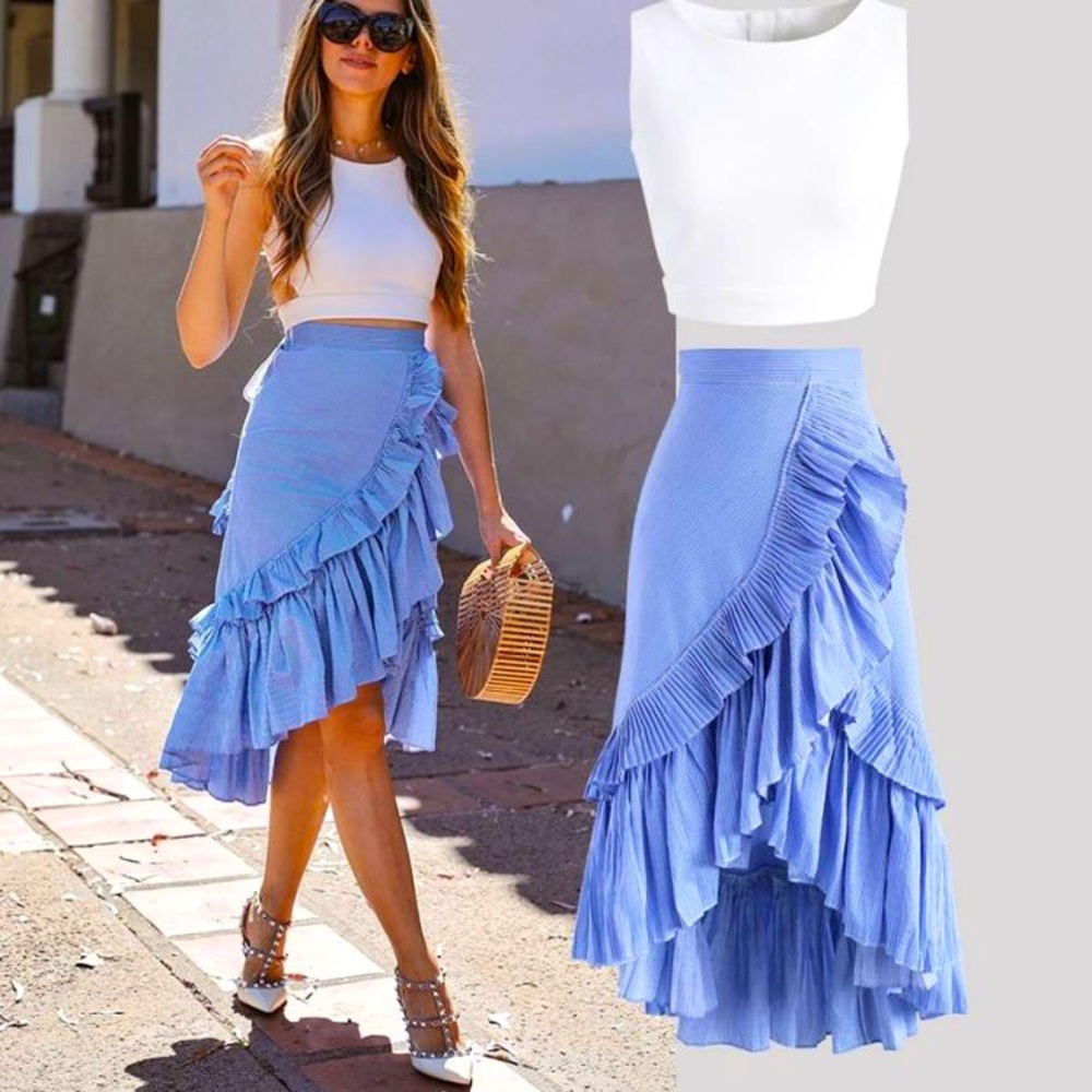 Chicwish "Applause of Ruffle" tiered frill hem skirt in blue stripes